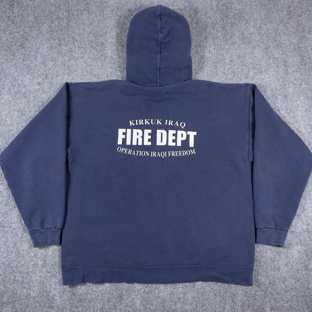 Vintage Kirkuk Iraq Fire Dept Hoodie Mens XL Navy Operation Iraqi Freedom